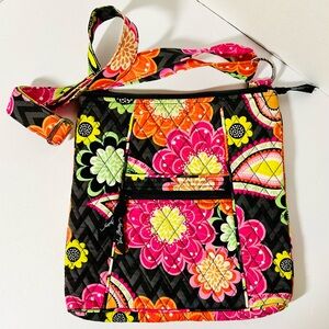 Vera Bradley Quilted Floral Crossbody Bag - Black, Pink, Orange VGC 10.5” x 11”